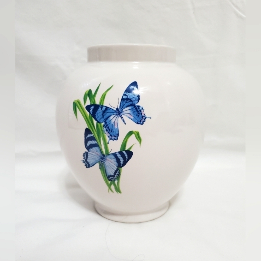 Vintage FTD Florist Blue White Butterfly Ceramic Vase Cottagecore
